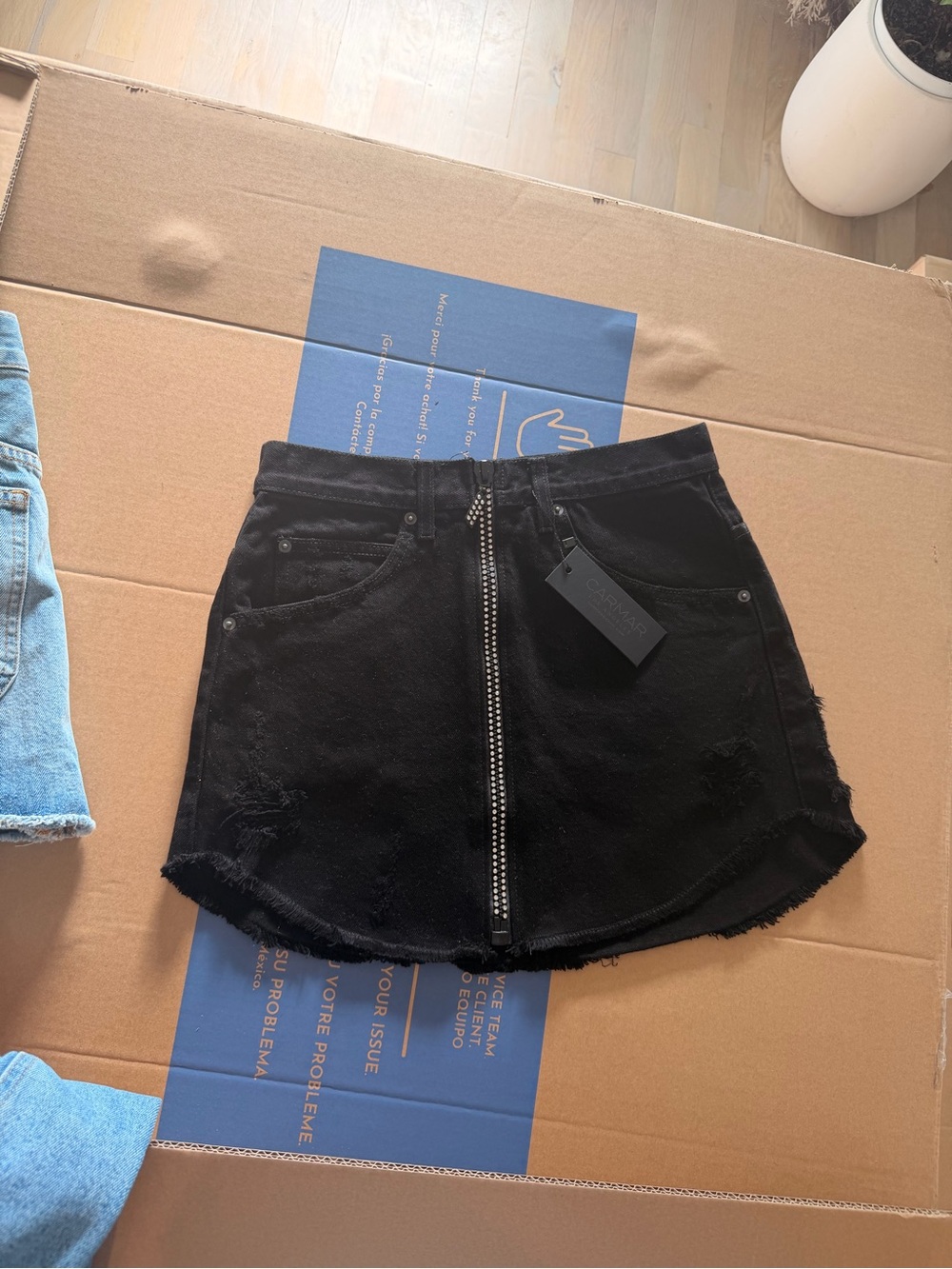 Carmar Black Distressed Denim Mini Skirt with Front Zip